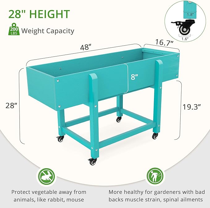 LUE BONA Raised Garden Bed with Wheels 48 * 16.7 * 28 in Poly Elevated Outdoor Planter Box with Tools Weather Resistant Standing Growing Bed Herb Planter for Vegetable Flowers Fruits
