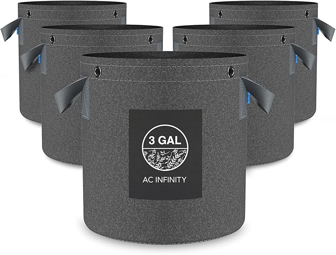 AC Infinity Heavy Duty Fabric Pots 3 Gallon Aeration Reusable Grow Bags 5-Pack with 500G Thick Nonwoven Fabric and Multi-Purpose Rings for Low Stress Plant Training Fruits Vegetables and Flowers