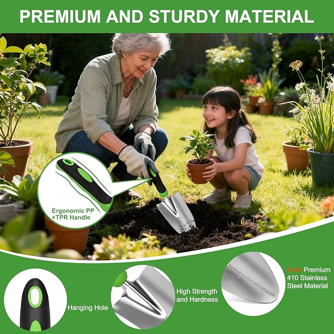Yesker Gardening Tools 9-Piece Heavy Duty Garden Tool Set Gardening Supplies Gifts for Women Men Gardening Hand Tool Kit with Non-Slip Ergonomic Handle Garden Bag Durable Gloves and Shears Green
