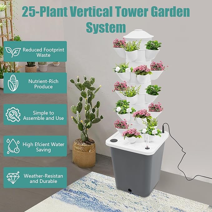 ZAIHW 25-Plant Vertical Tower Garden System Indoor Hydroponic Growing Kit with Pump &amp Water Level Gauge Vertical Vegetable Planter for Gardening Enthusiasts