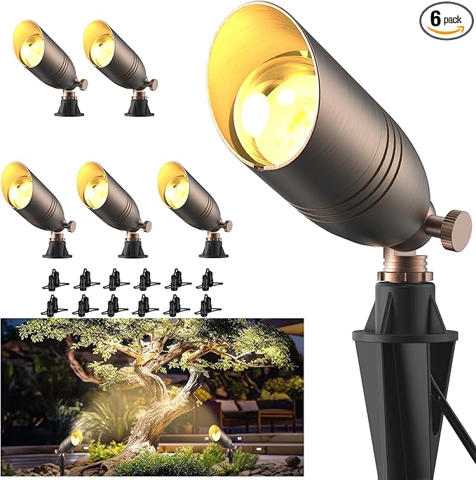 ZONEGRACE Solid Brass 12V Low Voltage Landscape LightingHeavy-Duty Waterproof Outdoor LED Spotlights Fixtures with Connectors Bronze Uplights &amp Accent LightsMR16 Bulb Not Included (Classic6 Pa