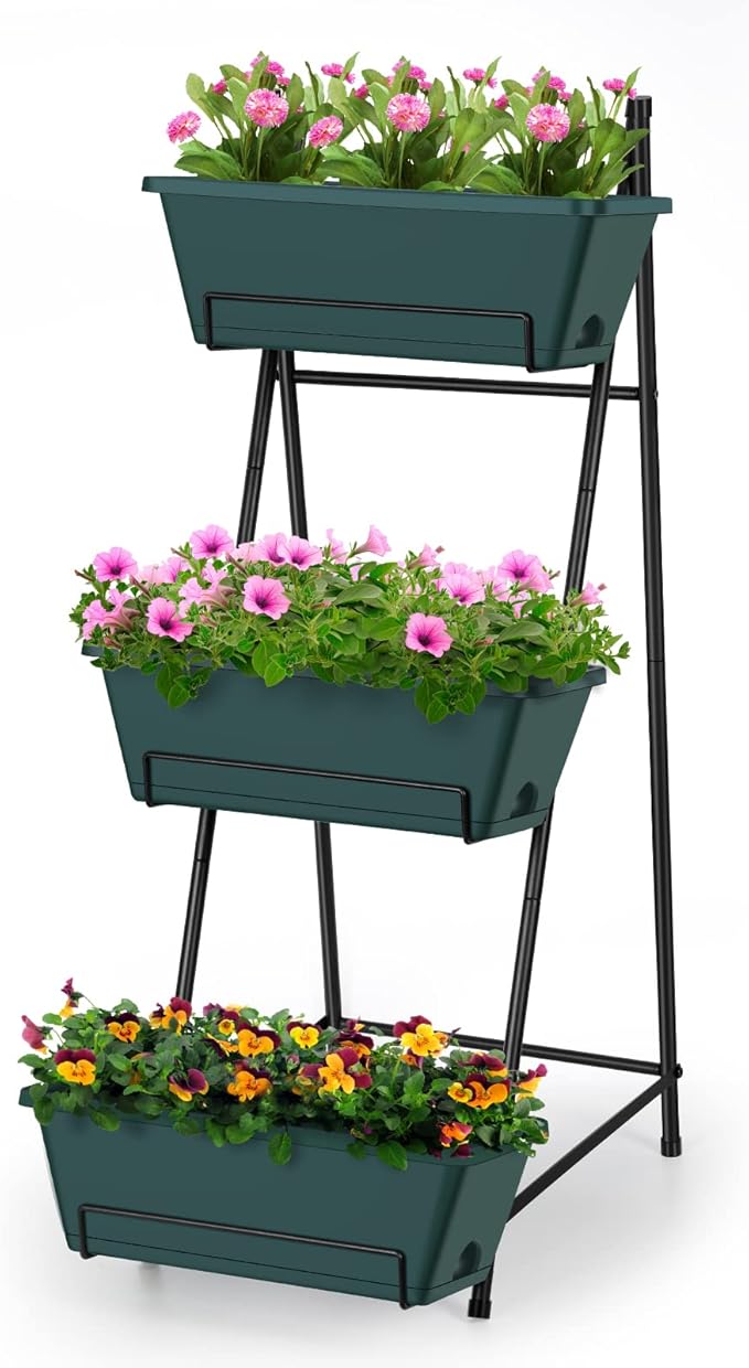 3 Tier Raised Garden Bed Vertical Elevated Garden Planter Standing Garden Bed Planter Box with Removable Tray Outdoor Herb Planter Stand on Patio Balcony Porch Green