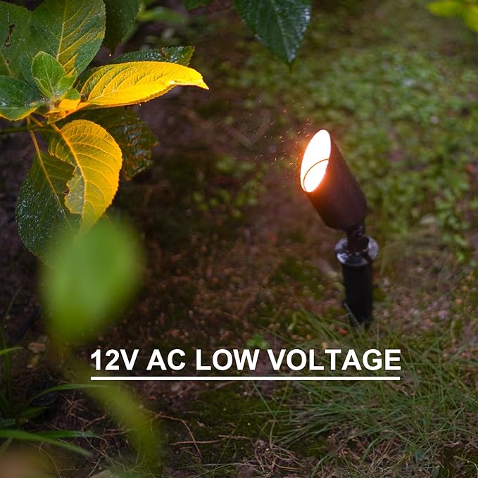 GOODSMANN Low Voltage Brass Landscape Spotlights 2PK 5W LED Outdoor Floodlights 2700K Warm White Replaceable LED Bulbs Outside Hardwired Lighting with Metal Stakes