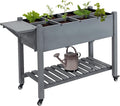 Outsunny Raised Garden Bed with 8 Grow Grids Wooden Outdoor Plant Box Stand with Folding Side Table and Wheels 49 x 21 x 34 for Vegetables Flowers Herbs Gray