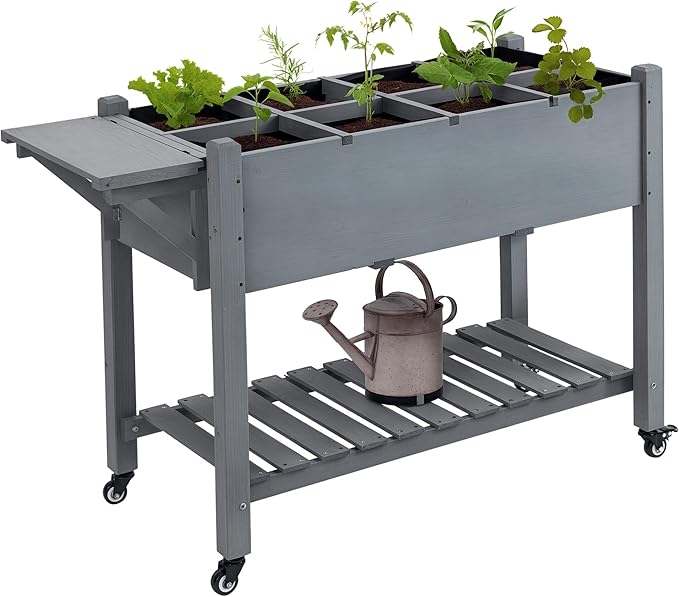 Outsunny Raised Garden Bed with 8 Grow Grids Wooden Outdoor Plant Box Stand with Folding Side Table and Wheels 49 x 21 x 34 for Vegetables Flowers Herbs Gray