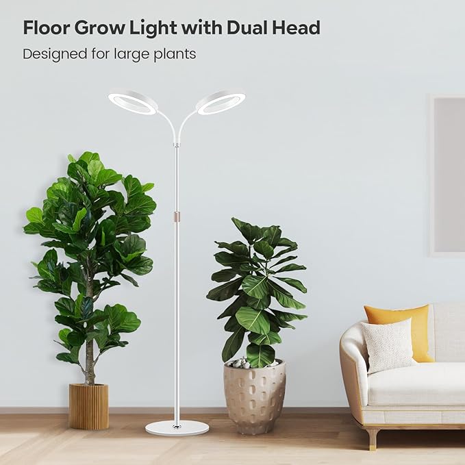Garpsen Grow Lights for Indoor Plants Dual-Head Full Spectrum LED Plant Light with Stand 3 Color Modes Grow Lamp with Timer 6/12/16H 5 Dimmable Levels 168 LEDs and 67''Height Adjustable(White)