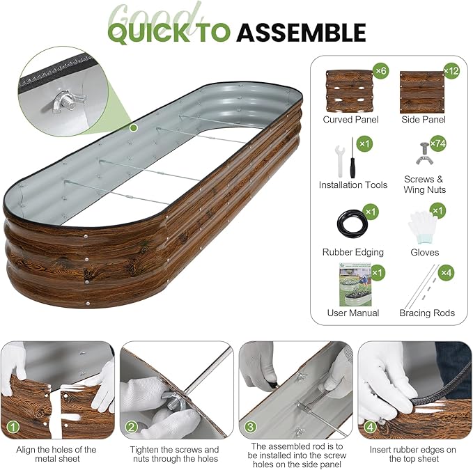 G GOOD GAIN Raised Garden Beds - 8x2x1ft Galvanized Planter Boxes Kit with Protective Tape &amp Gloves &amp Tools | Oval Metal Outdoor Raised Bed for Gardening Vegetables Fruits Flowers Herbs Gr
