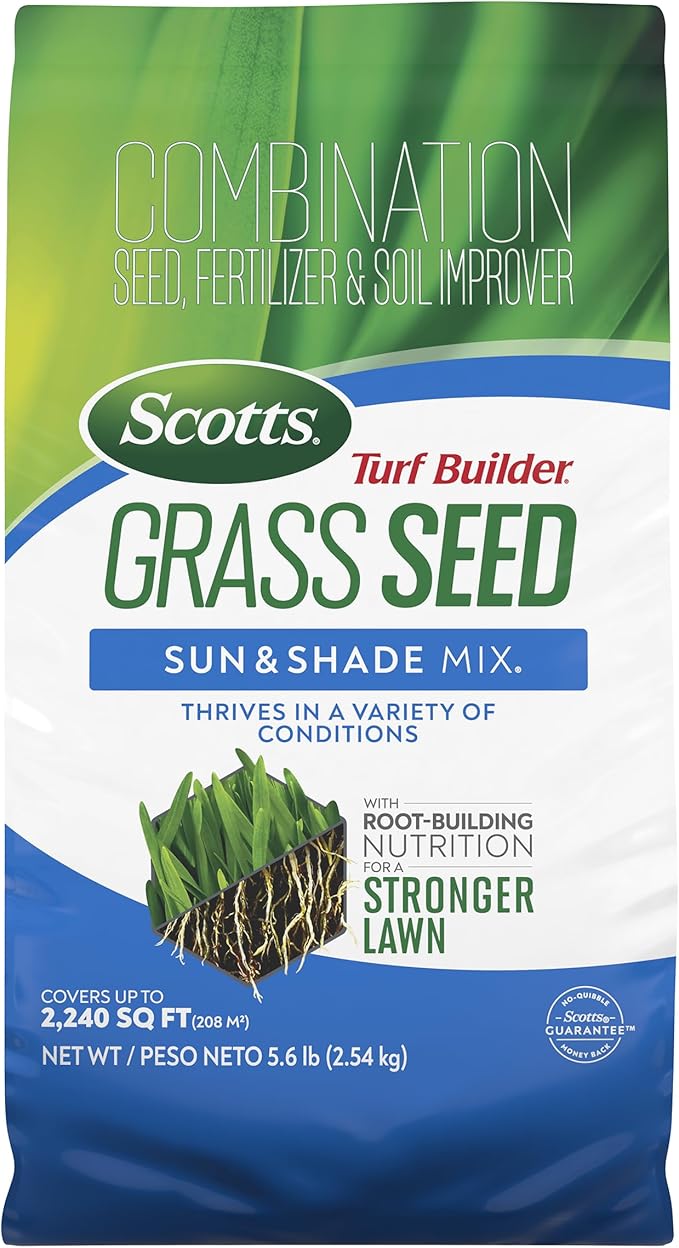 Scotts Turf Builder Grass Seed Sun &amp Shade Mix with Fertilizer and Soil Improver Thrives in Many Conditions 5.6 lbs.