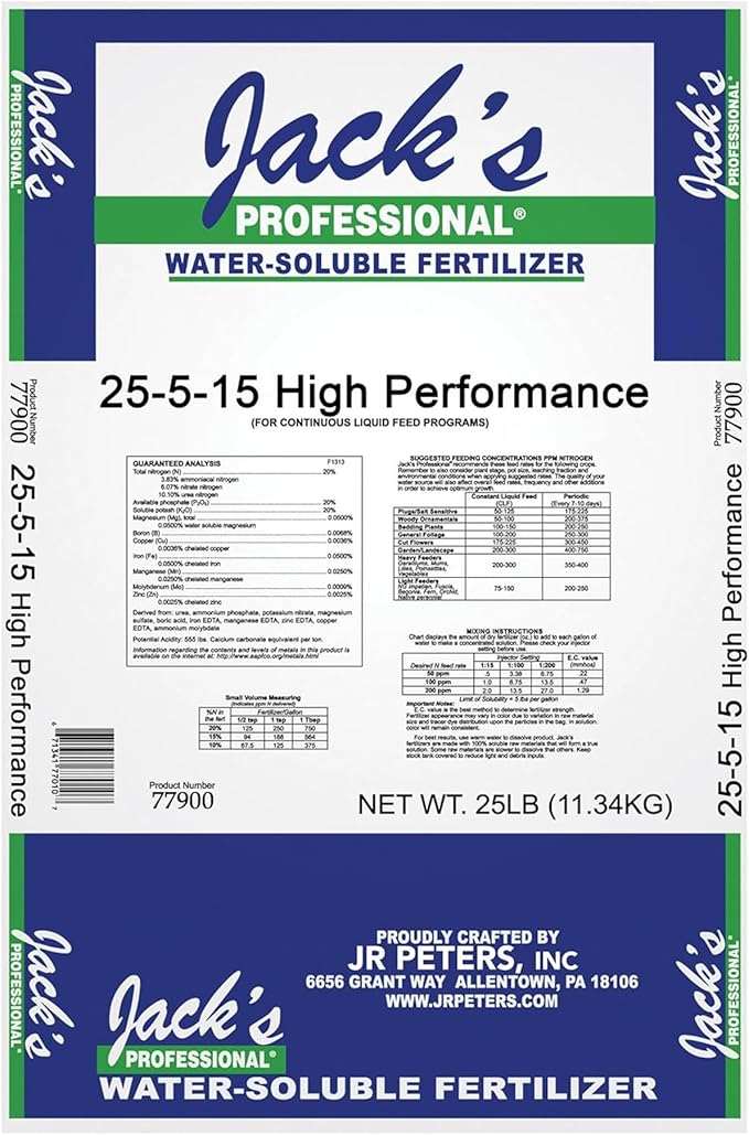 Jack's Professional 25-5-15 High Performance Water-Soluble Fertilizer with Micronutrients for Heavy Feeding Plants in Continuous Liquid Feed Programs 25lbs