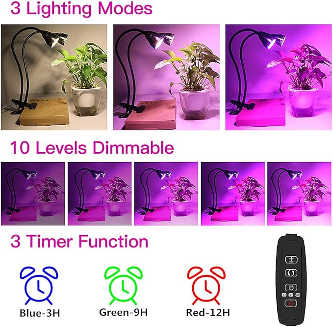 Grow Light for Indoor Plants Growing Juhefa Gooseneck Clip-on Plant Lamp for Seedlings Succulents Seed Starting3 Modes &amp 10-Level Brightness with Timer 3 9 12 Hrs