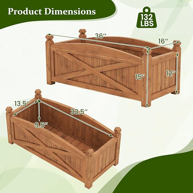 Raised Garden Bed 36”L x 16”W x 15”H Wooden Planter Box w/Drainage Holes &amp Removable Base Rectangular Garden Bed for Flowers Herbs Vegetables Fruits Patio Balcony Yard