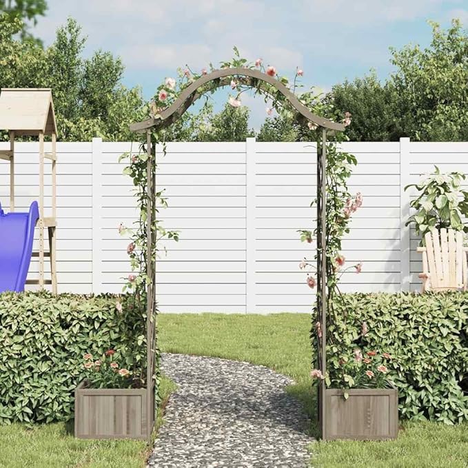 Wooden Garden Pergola with Planter Solid Firwood Planter with Trellis Outdoor Raised Garden Bed for Plants Hanging Flower Baskets Gray-251
