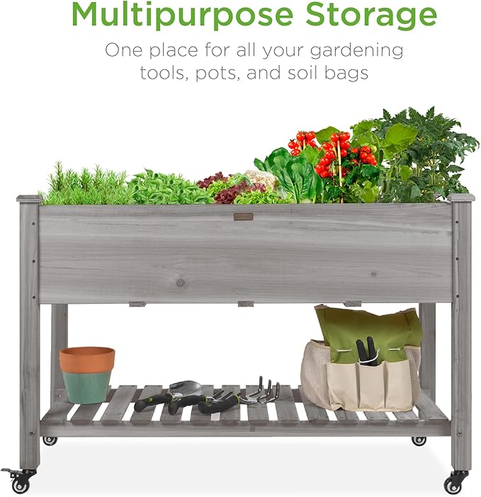 Best Choice Products Raised Garden Bed 48x24x32-inch Mobile Elevated Wood Planter w/Lockable Wheels Storage Shelf Protective Liner - Gray
