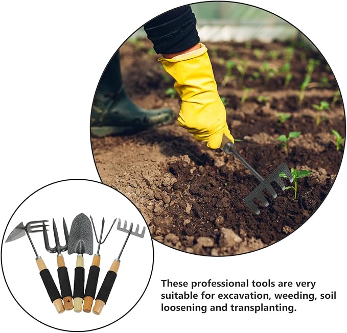 5pcs Gardening Tool Set with Hand Rake Spade Cultivator Hoe and Fork – Portable Garden Hand Tools for Planting and Landscaping Tasks