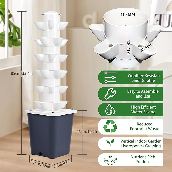 Hydroponics Growing System KitHydroponic Growing Tower with 10l Tank 6 Layers 30 Plants Indoor Growing System Soilless Cultivation Vertical Planter Tower Garden Kit Black US Plug