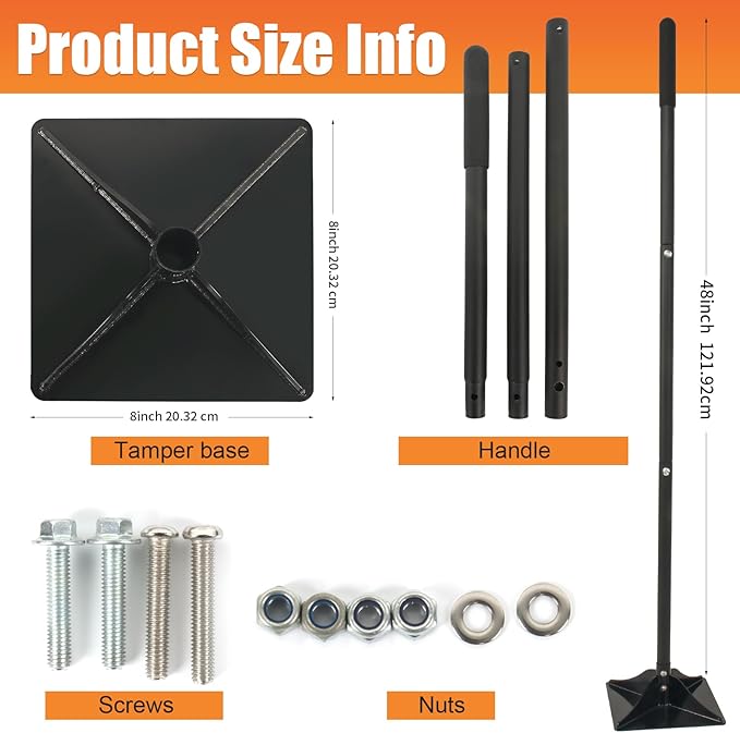 Steel Tamper 8'' x 8'' Garden Ground Tamper Tool Durable Steel Handheld Tamper with 48 inch Handle Garden Tools for Landscaping and Repair Work