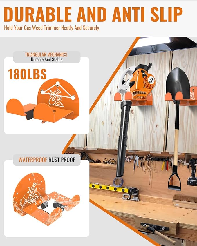 Weedeater Rack &amp Snow Shovel Hanger - 4 Pack - 180LB Heavy-Duty Alloy Steel Wall Mount Set for Winter Gear Stihl Power Tools Grass Trimmer Garden Tools Space-Saving Storage for Garage Shed