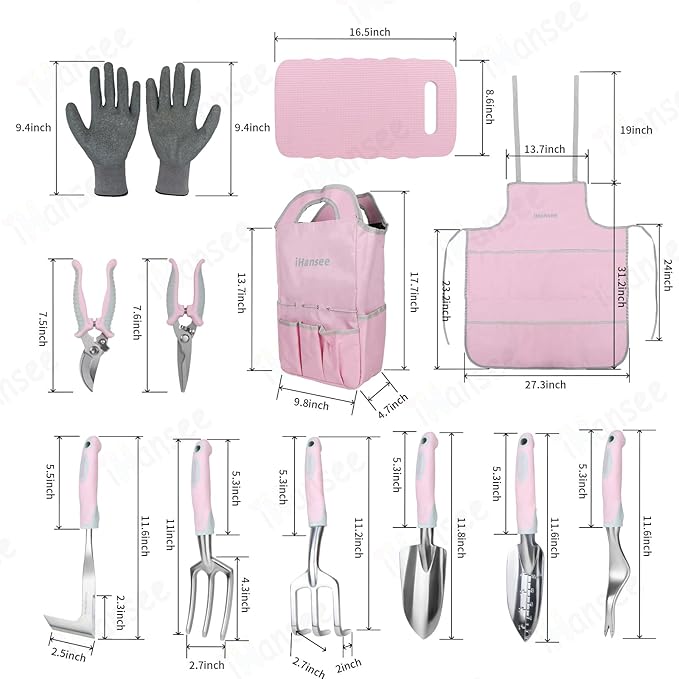 Pink Garden Tool Sets 12 Pieces iHansee Aluminum Gardening Hand Tools with Non-Slip Handle Kneeling Pad Apron Gloves and Organizer Bag Landscaping Tools - Gift for Women &amp Garden Enthusiasts