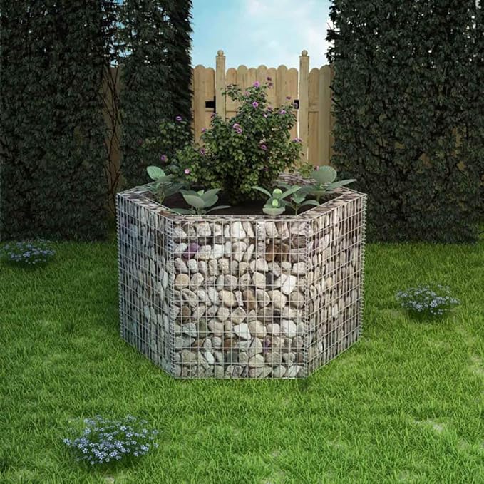 vidaXL Hexagonal Gabion Raised Bed Outdoor Planter Gabion Basket for Gardening Patio Backyard Flower Bed Silver Galvanized Steel