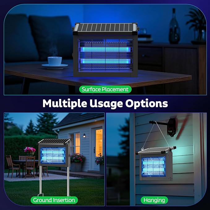 Solar Bug Zapper Outdoor Mosquito Zapper Waterproof Electric Fly Zapper Rechargeable Mosquito Killer Lamp with 10W Solar Panel 4500V Cordless Fly Trap for Backyard Patio Garden RV Camping