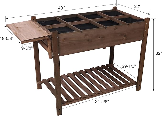 8 Pockets Horticulture Raised Garden Bed Elevated Wood Planter Box Stand with Foldable Side Table and Storage Shelf for Herb/Vegetables/Flowers (Brown)