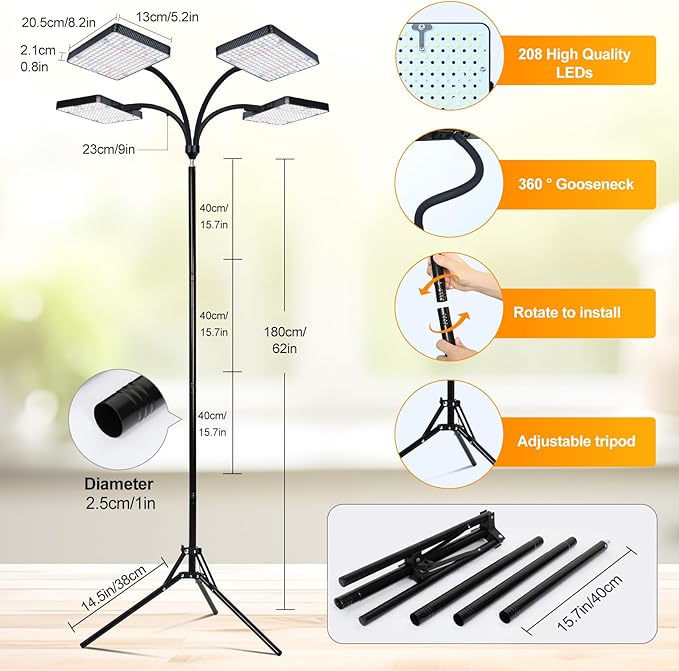 2026 4Head Grow Light with Upgrade Stand Big Coverage Grow Lights for Indoor Large Plant Bonsai Tree 4/8/12/16/20H Timer 100 Watt Power Draw NO Need Adapter 24-76 Height Adjustable