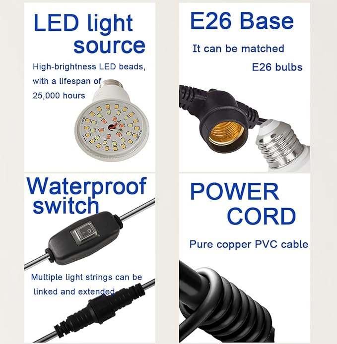 LED Grow Light String Bulb A25 Bulb Full Spectrum Growing Lamp Bulbs E26 Base 15W 130W Equivalent Outdoor and Indoor Plants Seed Starting (3 Bulbs 45W (12FT))