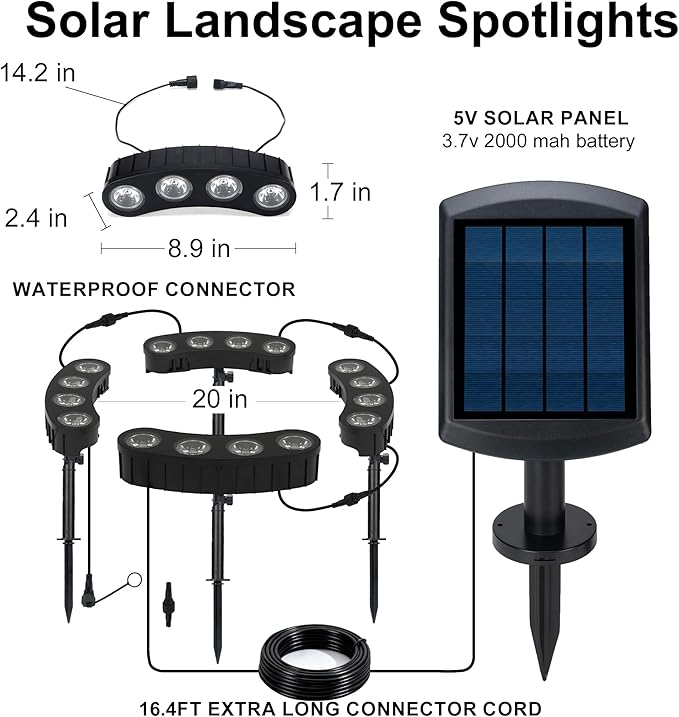 16LED Solar Spotslights Outdoor 4 Pack Solar Powered Landscape Lights2-1 Installation (Sticked&ampTied) Solar Pathway Lights for Palm Tree Garden Yard House