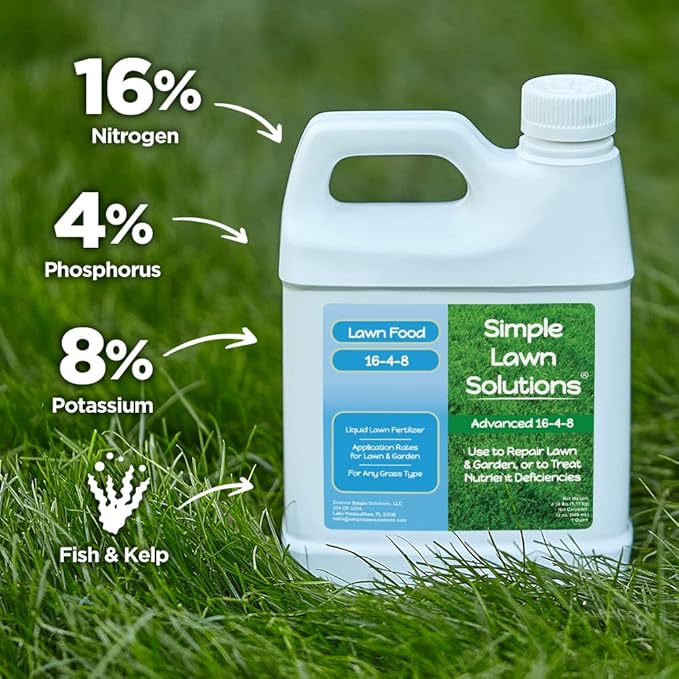 Advanced 16-4-8 Lawn Fertilizer - Liquid Lawn Food Spring &amp Summer Concentrated Spray - Any Grass Type- Fish and Seaweed Kelp- Balanced NPK - Simple Lawn Solutions (1 Quart)