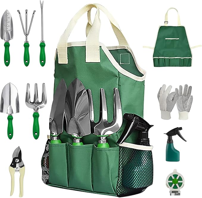 11PCS Gardening Tool Set Heavy Duty Stainless Steel Garden Tool Set with Handbag Gardening Hand Tools for Adults and Kids..
