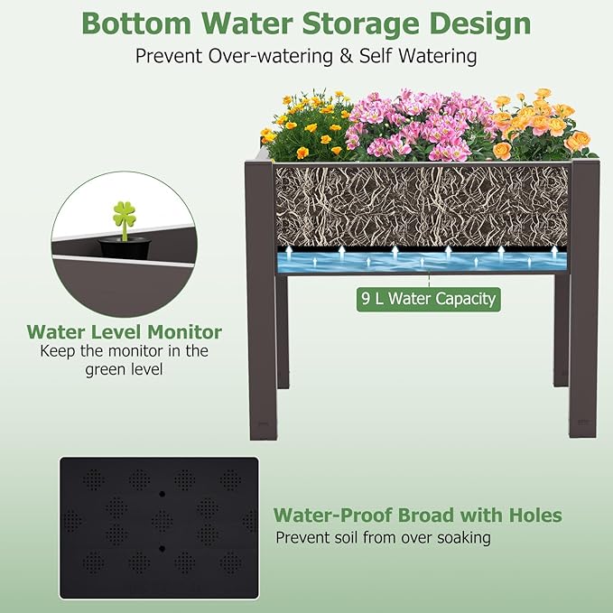Raised Garden Bed Outdoor Elevated Planter Boxes with Legs &amp Water Level Indicator Garden Box Self-Watering Raised Beds for Gardening Balcony &amp Deck (Coffee)