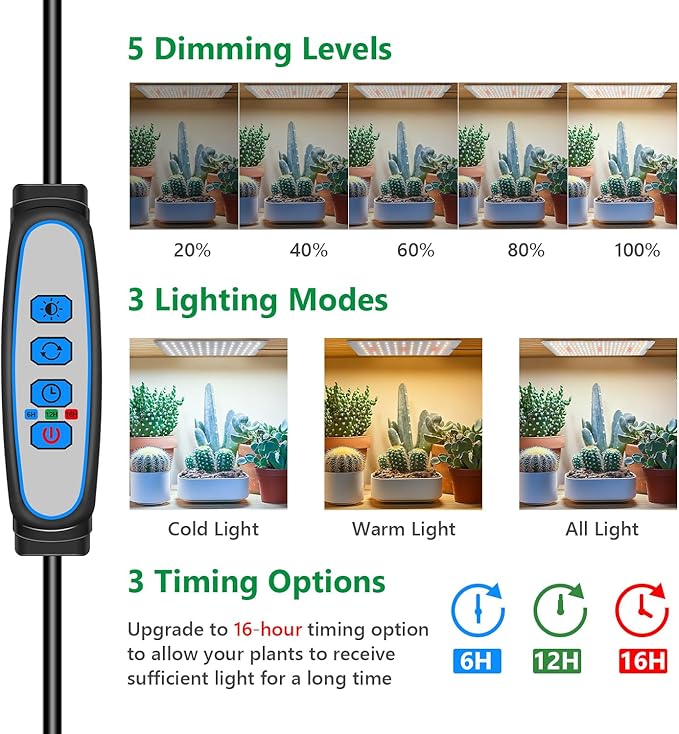 Grow Lights for Indoor Plants 882 LED Full Spectrum Plant Light 6 Panel for Growing Seedling Starting Slim Grow Lamp with UL Adapter 6/12/16H Timer 3 Light Modes 5 Dimmable