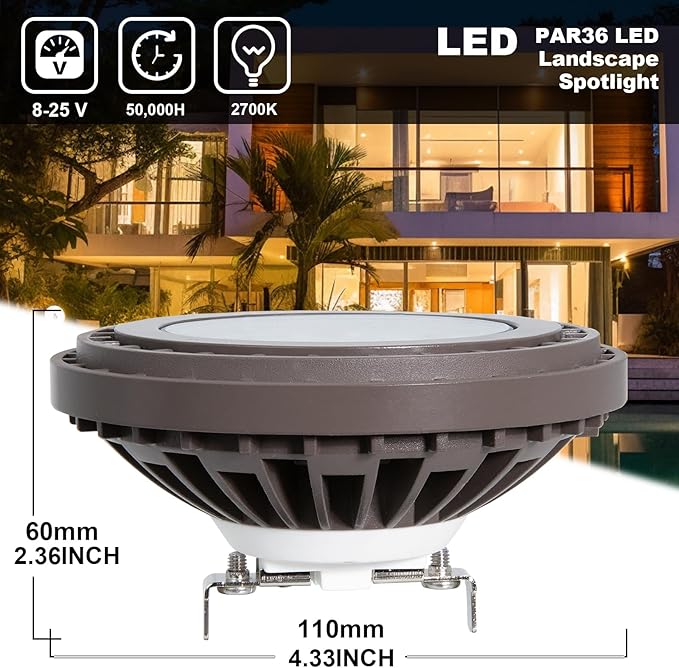 PAR36 LED Landscape Bulb 2700K Warm White Waterproof PAR36 LED Bulb 11W 12V Landscape Lights 900LM G53 Base 25° Outdoor Lights for Yard Path Tree In-Ground Well Light 1 Pack