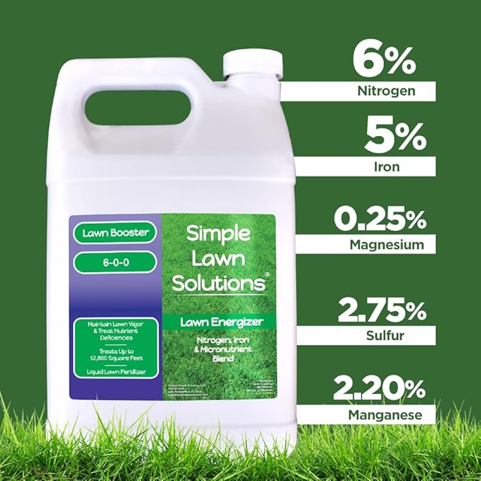 Commercial Grade Lawn Energizer - Grass Fertilizer Booster with Nitrogen Iron Micronutrients - Liquid Turf Spray Concentrated Fertilizer- Any Grass Type - Simple Lawn Solutions (1 Gallon)
