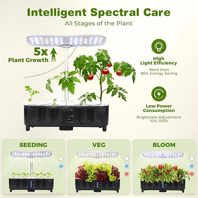 Kingsyard Smart Hydroponics LED 48W Indoor Garden Grow System Visible 5L Tank Quiet Pump Auto Timer Kit 15 Pods Herb Seed Starter for Veggies &amp Salad Greens Plants