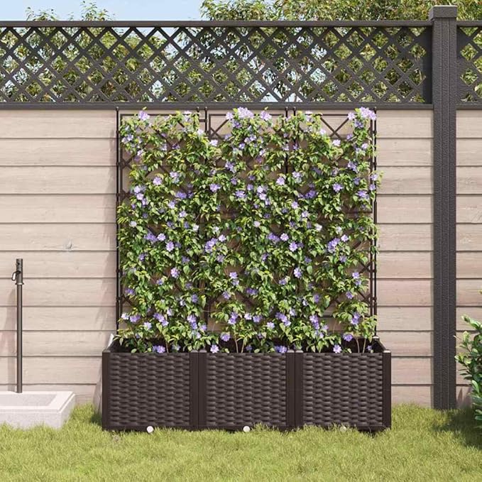 Garden Planter with Trellis 3 pcs Brown PP 47.2 Raised Garden Bed for Outdoor Plants Easy Assembly