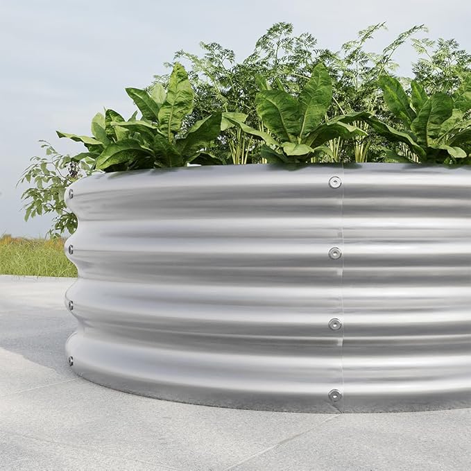 Round Galvanized Raised Garden Bed kit Steel Fire Pit Ring Flower Planter Metal Above Ground Boxes Kit Patio Ground Planter for Planting Vegetables and HerbSilver32.1×11.4