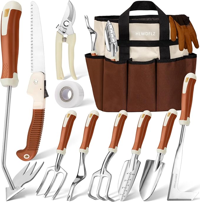 Garden Tool Set 12 Pcs Heavy Duty Floral Gardening Tools Kit with Gardening Hand Weeder Tools Durable Storage Bag and Gloves Gifts for Women and Men Brown