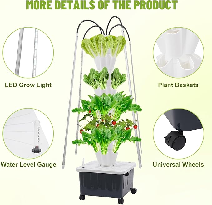 8 Tiers 40-Plant Hydroponic Growing Tower with LED Grow Light Indoor Garden Planter with Wheels &amp Timed Plug Vertical Smart Herb Garden for Fruits Vegetables Herbs