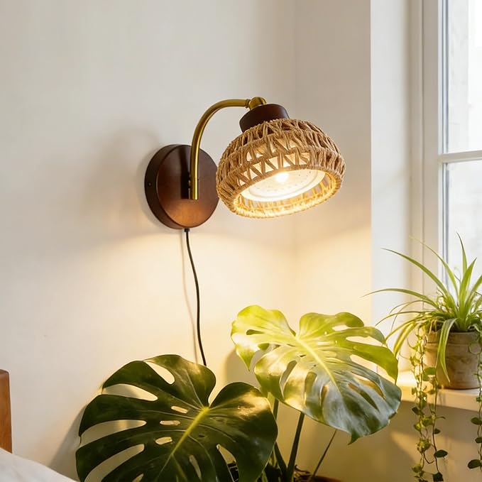 Hanging Grow Lights for Indoor Plants Auto Cycle Timer 18W Full Spectrum Wall Mounted Grow Light Boho Rattan Lantern Shade Adjustable Head 16 FT Power Cord for Indoor Plant Growing Flowers