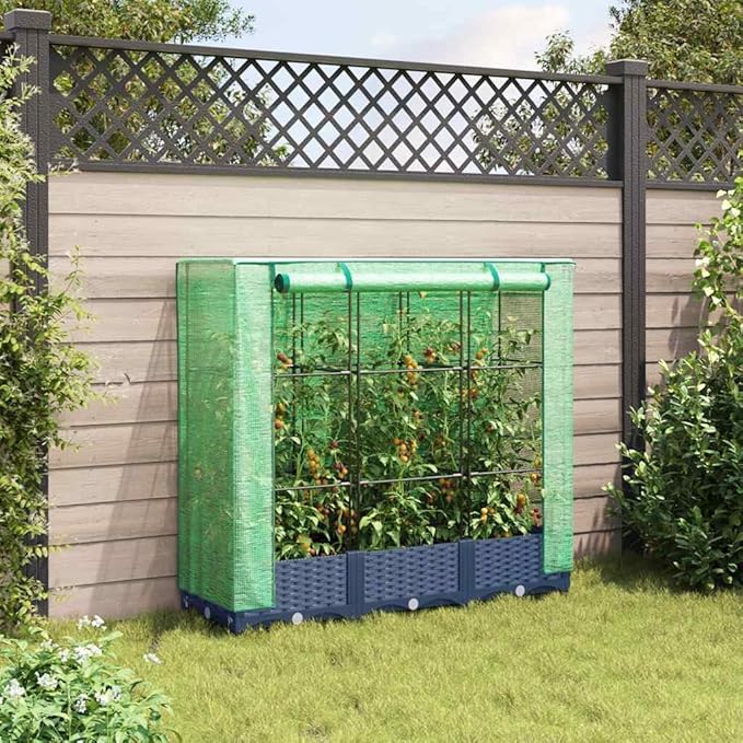 Raised Garden Bed with Greenhouse Cover Grey Polypropylene Rattan Look 15.7x47.2x48.4 inch Outdoor Vegetable Herb Flower Planter Box