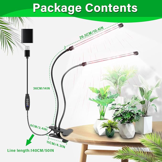 AUXTINGS LED Plant Grow Light6000K Full Spectrum Clip 2 Heads Plant Growing Lamp with White Red LEDs for Indoor Plants10 Level Dimmable &amp 3 Light Model SettingsAuto On/Off 3/9/13 Hrs Timing