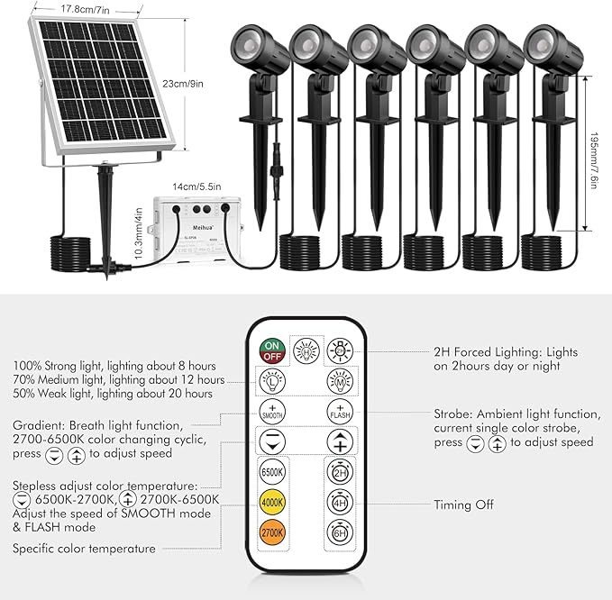 MEIHUA 6 in 1 Solar Spot Lights Outdoor Solar Landscape Spotlights 2700K/4000K/6500K 3 Brightness &amp Remote Control IP66 Waterproof Spotlights Outdoor Garden for Pathway Driveway Tree