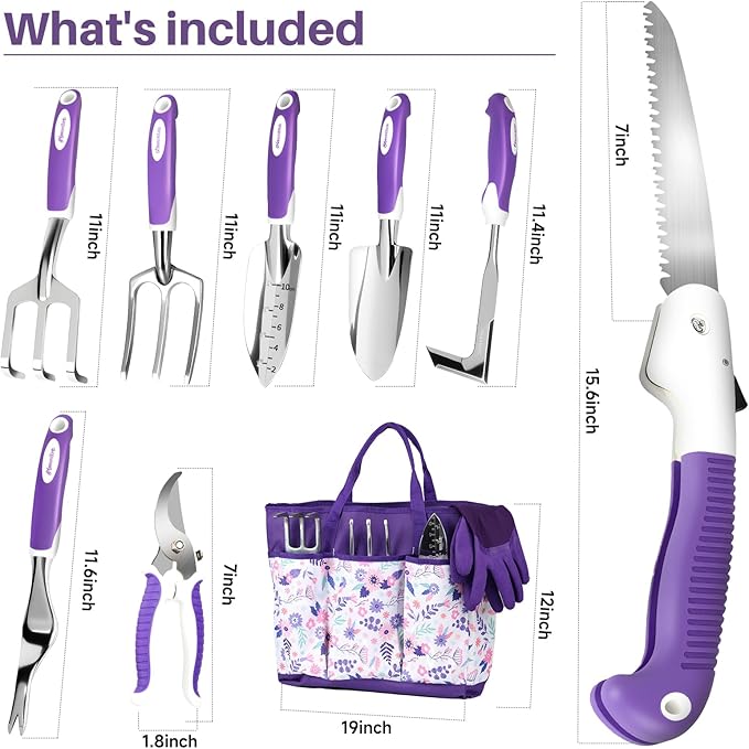 MelonArt Garden Tool Set 10 Pcs Heavy Duty Gardening Tool Kit Women Garden Gift Set Aluminum with Non Slip Ergonomic Handle Storage Tote Bag and Gloves Garden Supplier for Women&ampMen(Purple)