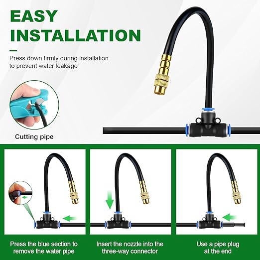 Drip Irrigation System 100FT 1/4 inch Hose Garden Irrigation Kit with 30pcs 360° Adjustable Copper Nozzles Upgrade Atomizing Watering System for Yard Plants Lawn Greenhouses Accessories