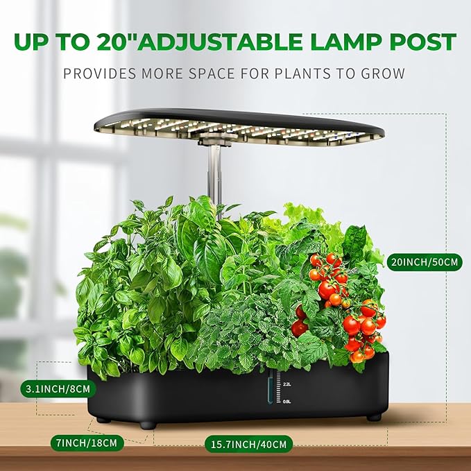 Hydroponic Growing System with Touchscreen LCD Display 12-Section Indoor Herb Gardening Kit with Full Spectrum Plant Grow Lights Flexible Timer Pump and Adjustable Shade (Black)