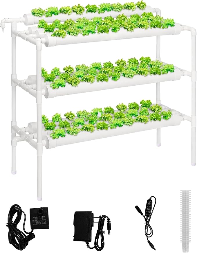 Upgraded Hydroponics Growing System90 Plant Sites 3 Layers 10 Food-Grade PVC-U Pipeshydroponics Growing System Kit Gardening Systems Grow Kits with Water Pump Timer nests Basket and Sponge