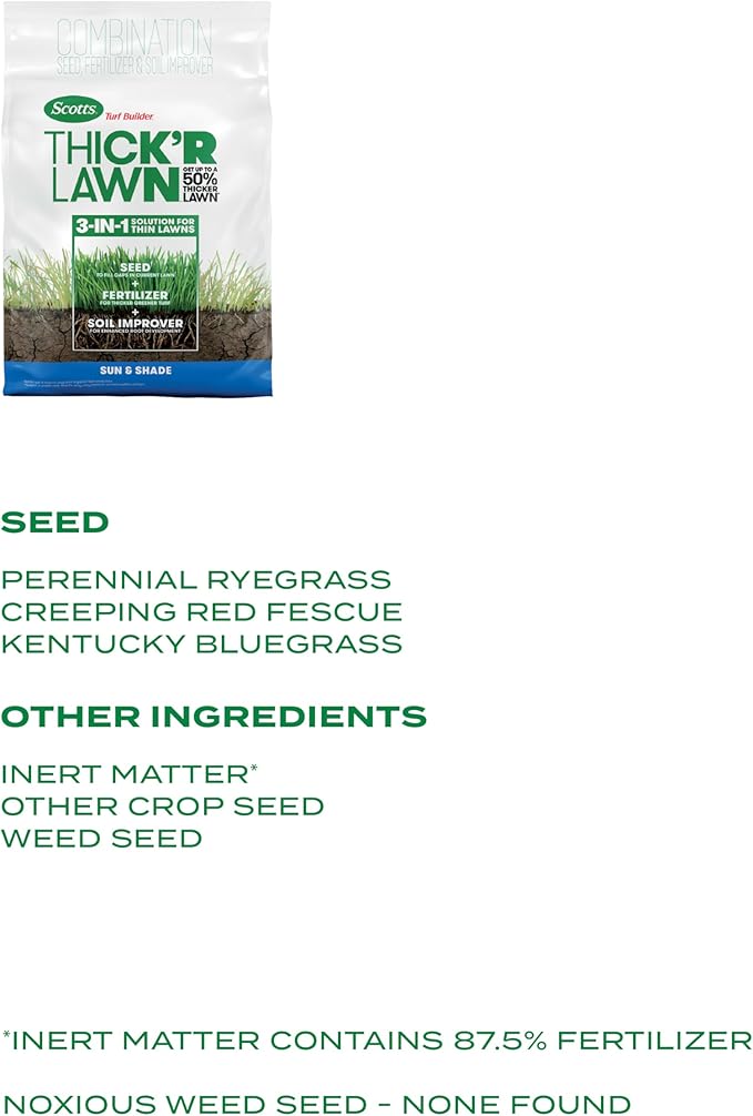 Scotts Turf Builder Thick'R Lawn Sun and Shade Combination Seed Fertilizer and Soil Improver Thickens Thin Grass 12 lbs.