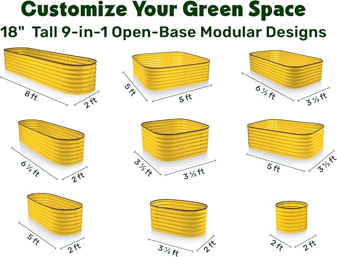 9-in-1 Galvanized Steel Raised Garden Bed // 8×2×1.5 ft Modular Planter for Gardening Vegetables Flowers // 18 Tall Metal Raised Garden Beds Outdoor (Yellow) // Patented Design Planter Box