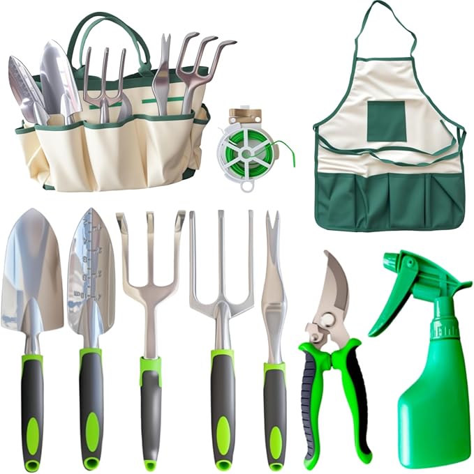 11-Piece Outdoor Gardening Tool Set Suitable for Women Seniors and Left-Handed Users Includes Tree pruners Hand rakes and a Watering can with Green Non-Slip Handles. (Gray)